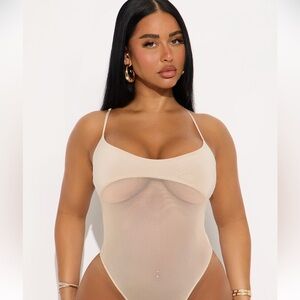 Fashion Nova Sheer Scoop Neck Bodysuit - Beige